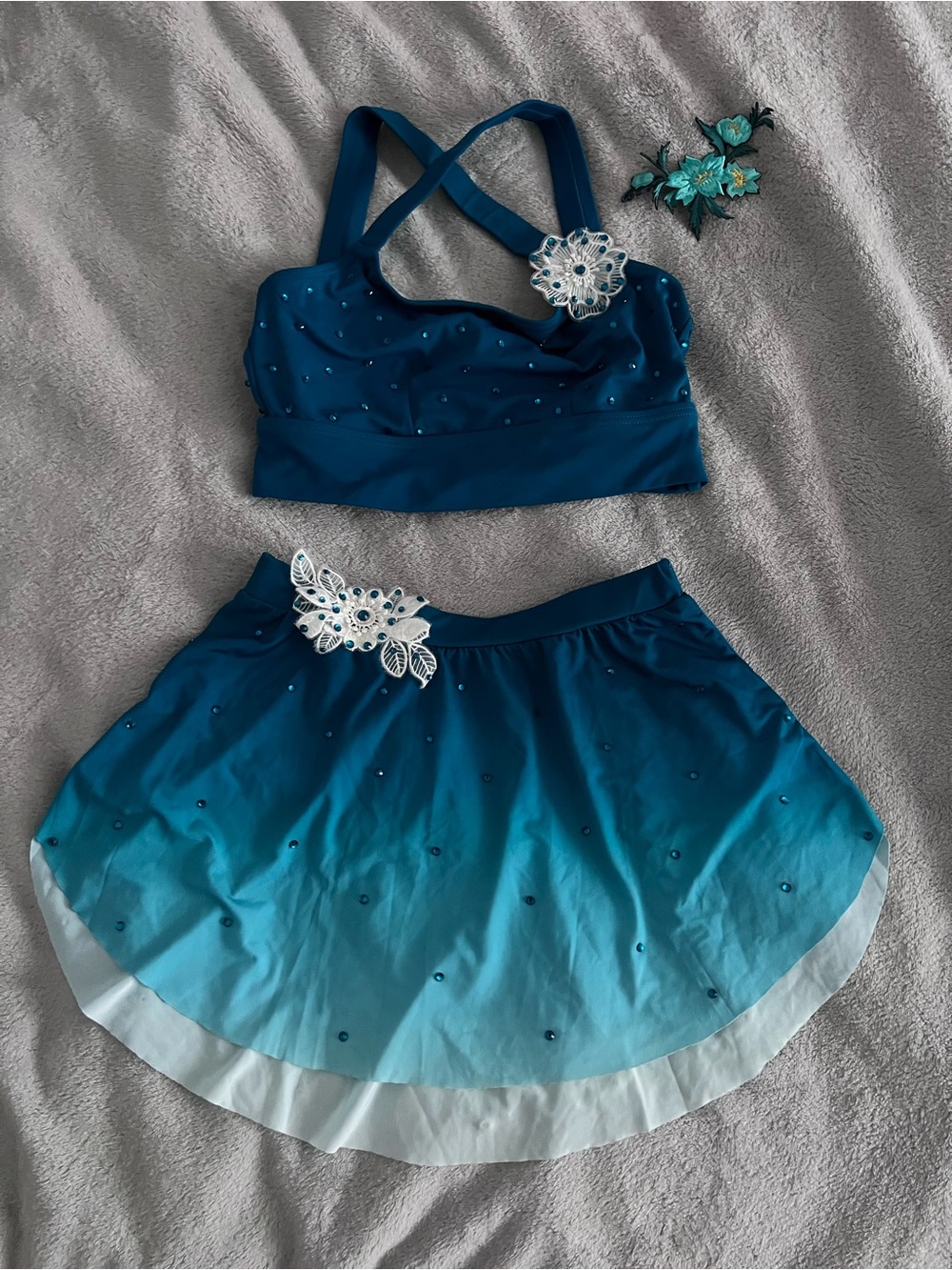 Custom embroided and rhinestoned Teal Ombre Dance Set with white lace detail